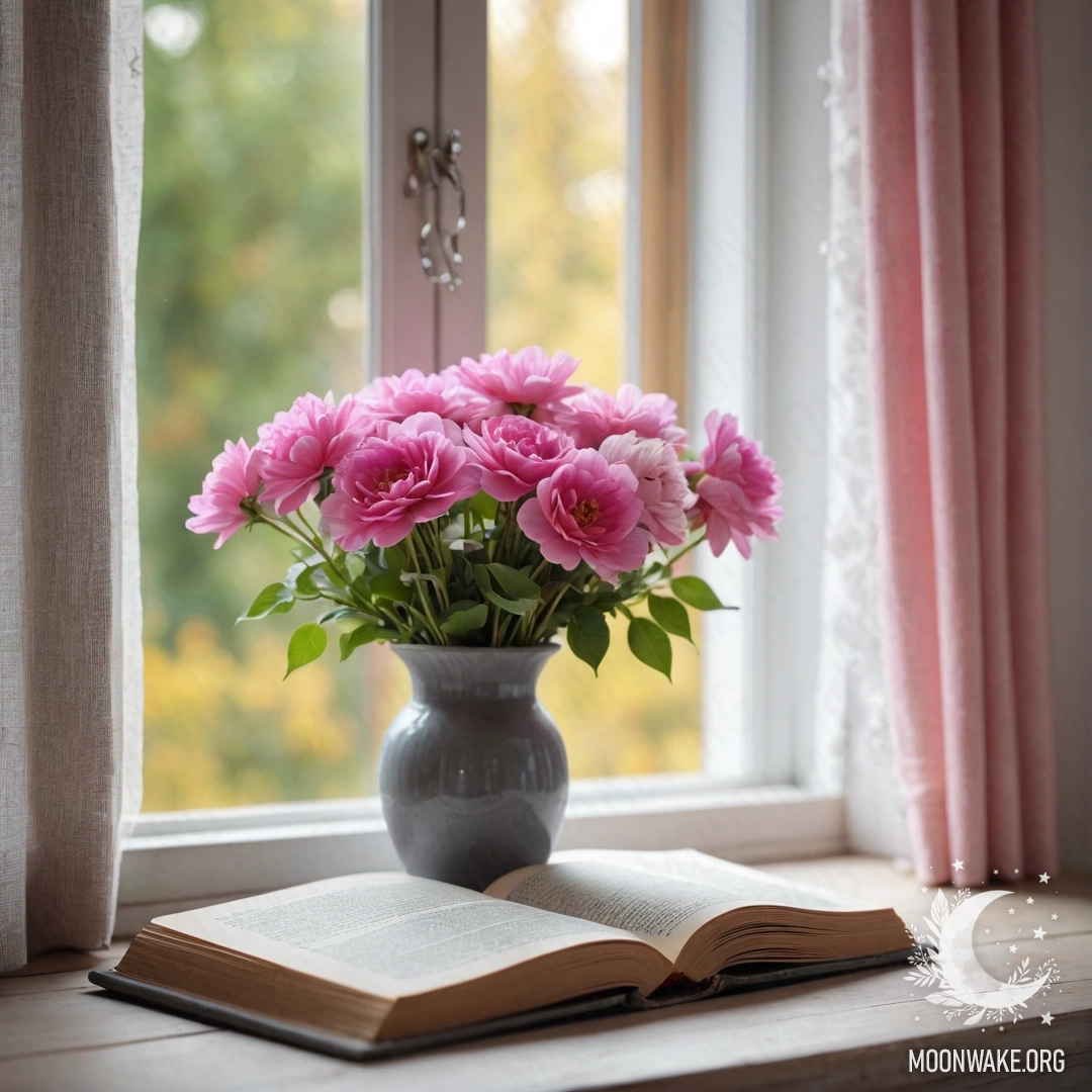 A cozy window sill adorned with an old shabby book and a gray vase filled with pink flowers, alongside a pink curtain with garland lights.