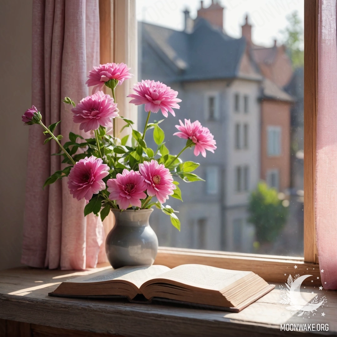 A wooden window sill with an old shabby book, a gray vase with pink flowers and a pink curtain illuminated by sunlight.