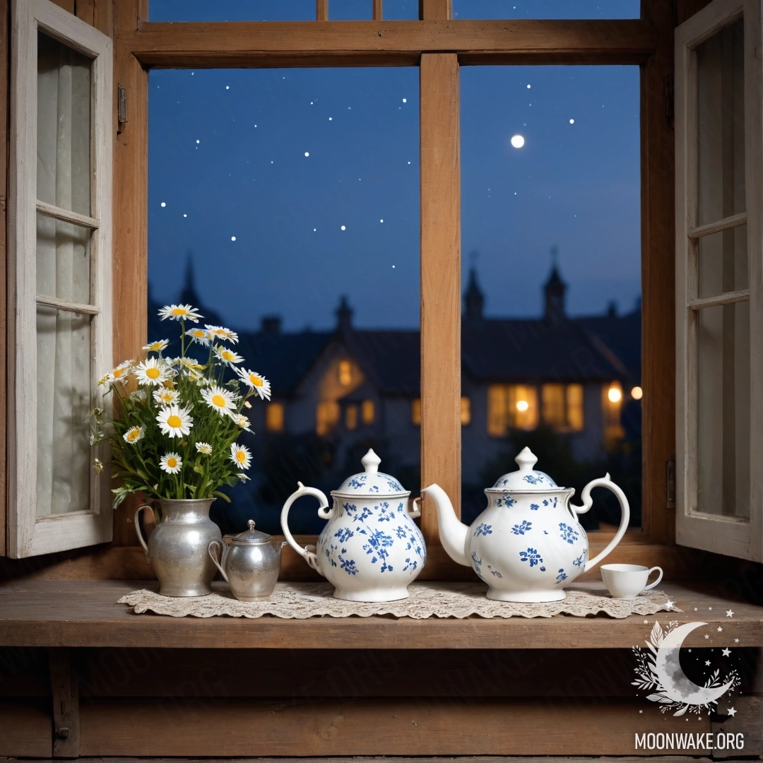 A shabby wooden window sill featuring a metal teapot with patterns and daisies, illuminated at night.