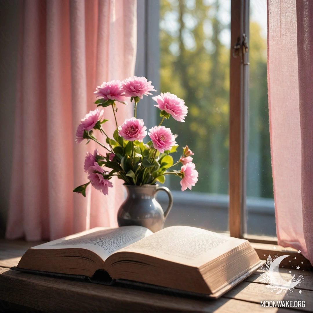 A wooden window sill featuring an old shabby book, a gray vase with pink flowers, and a pink curtain with garland light.