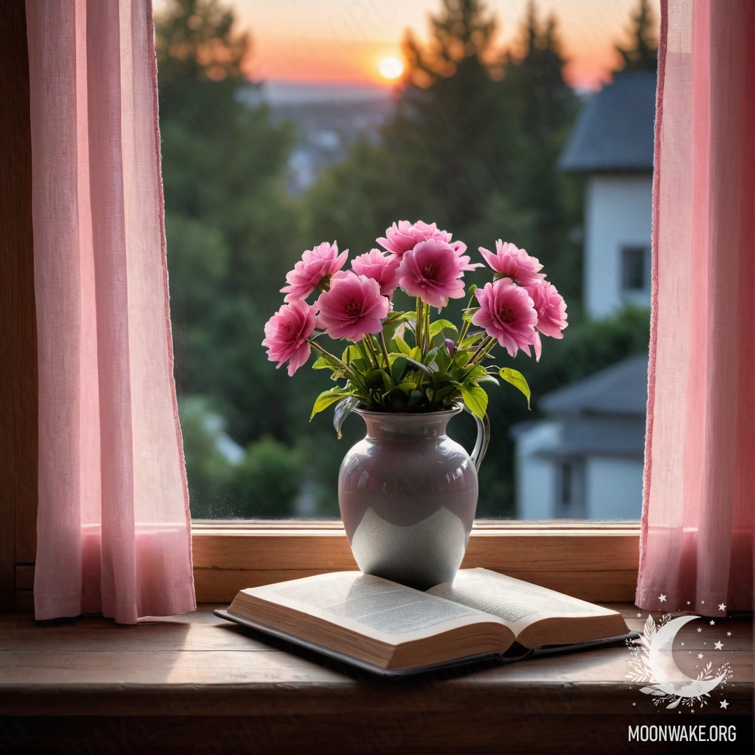 A cozy wooden window sill featuring an old shabby book and a gray vase with pink flowers, draped with a pink curtain against a sunset backdrop.