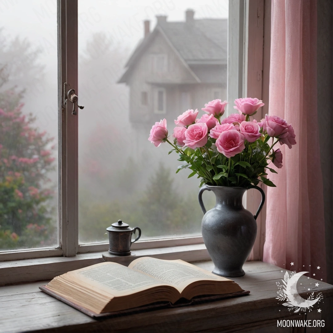 A cozy wooden window sill featuring an old shabby book, a gray vase with pink flowers, and a pink curtain, all surrounded by dense fog.