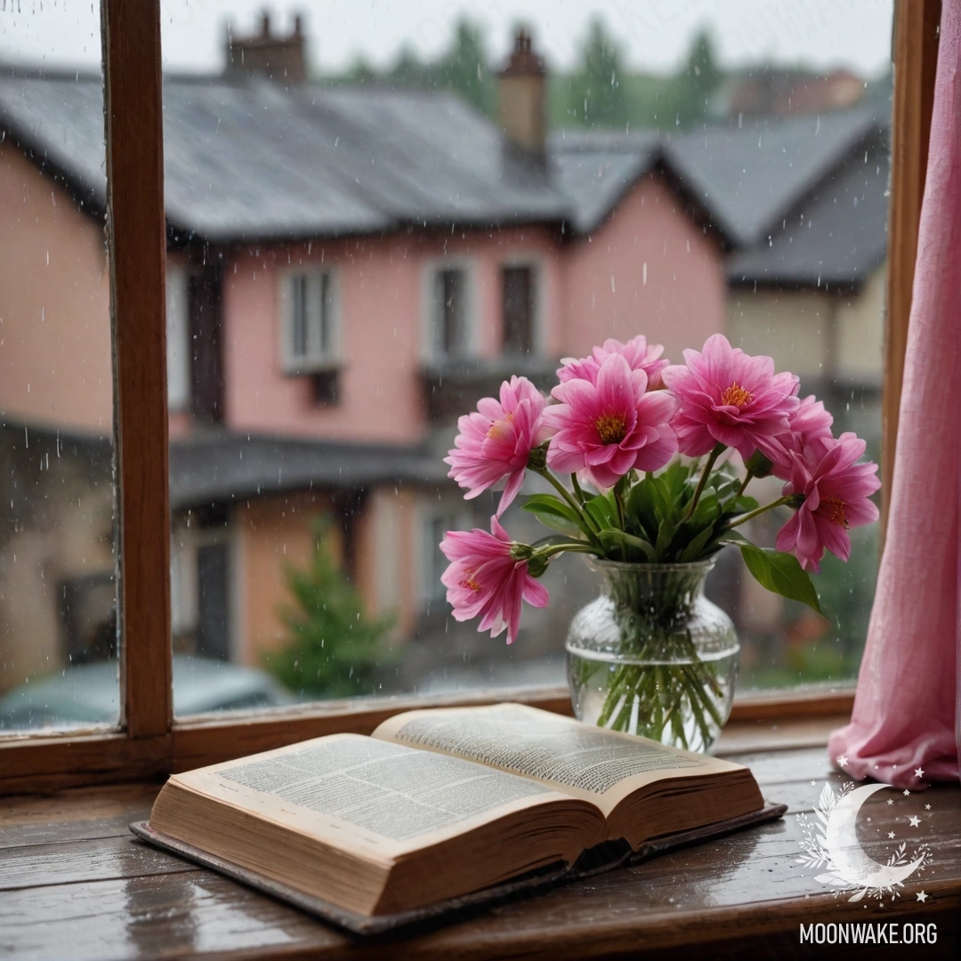 An old book, a gray vase with pink flowers, and a pink curtain on a wooden windowsill during the rain.