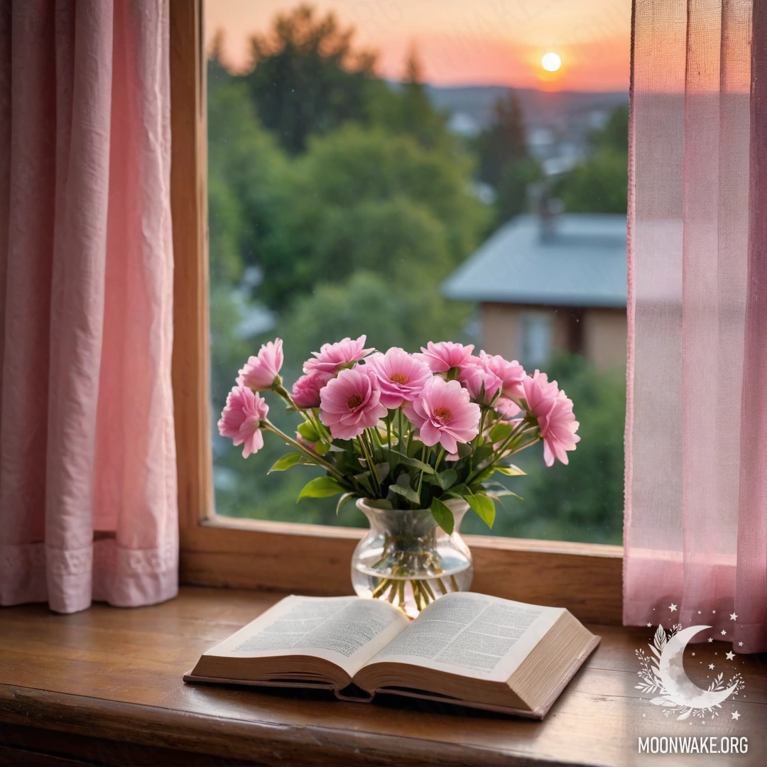 An old shabby book and a gray vase with pink flowers on a wooden window sill, draped with a pink curtain, illuminated by sunset.