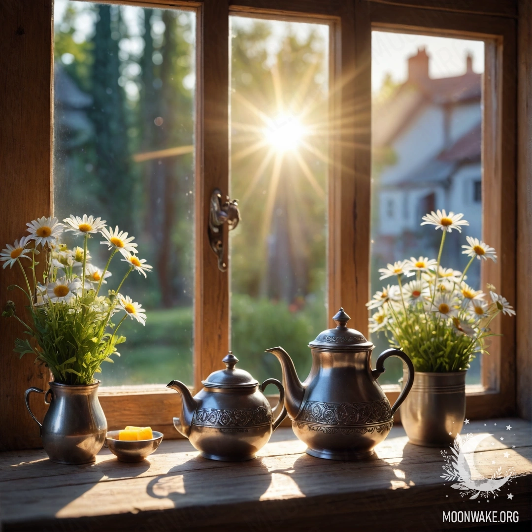 A cozy wooden window sill with a decorative metal teapot and daisies, illuminated by soft sun rays.