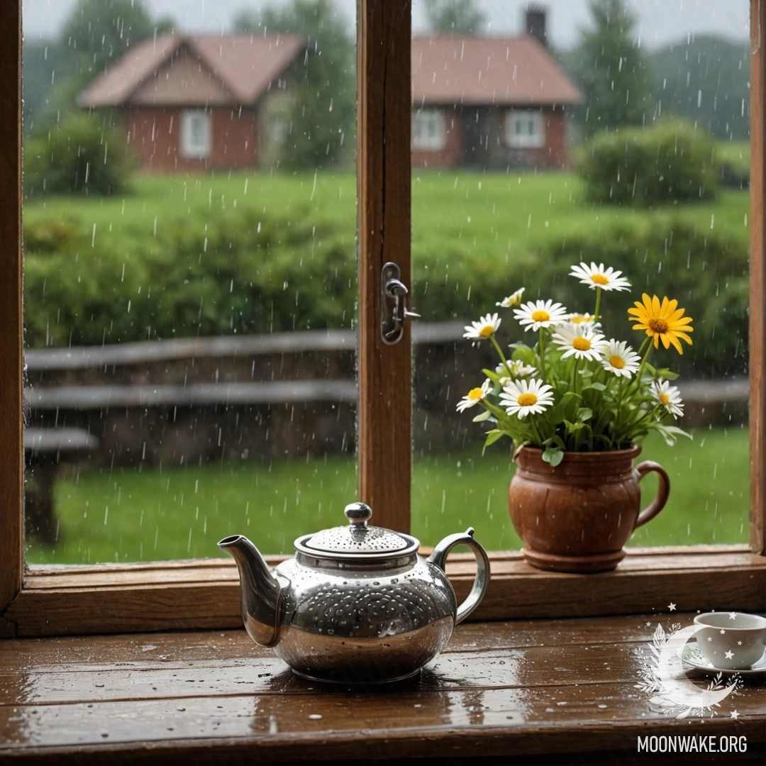A metal teapot with patterns and daisies on a wooden window sill under the rain.