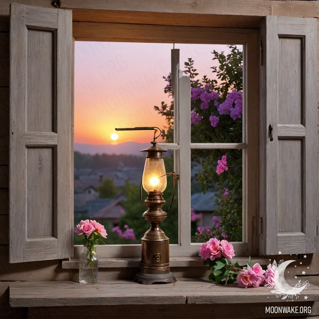 A shabby wooden window decorated with pink flowers, with a kerosene lamp hanging above it during sunset.