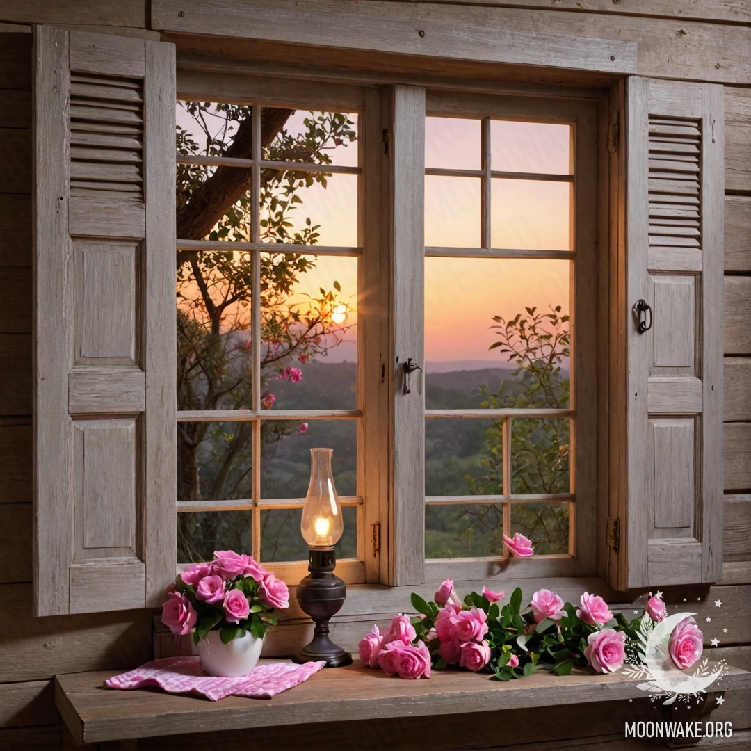 A shabby wooden window adorned with pink flowers and a kerosene lamp above it, illuminated by sunset.