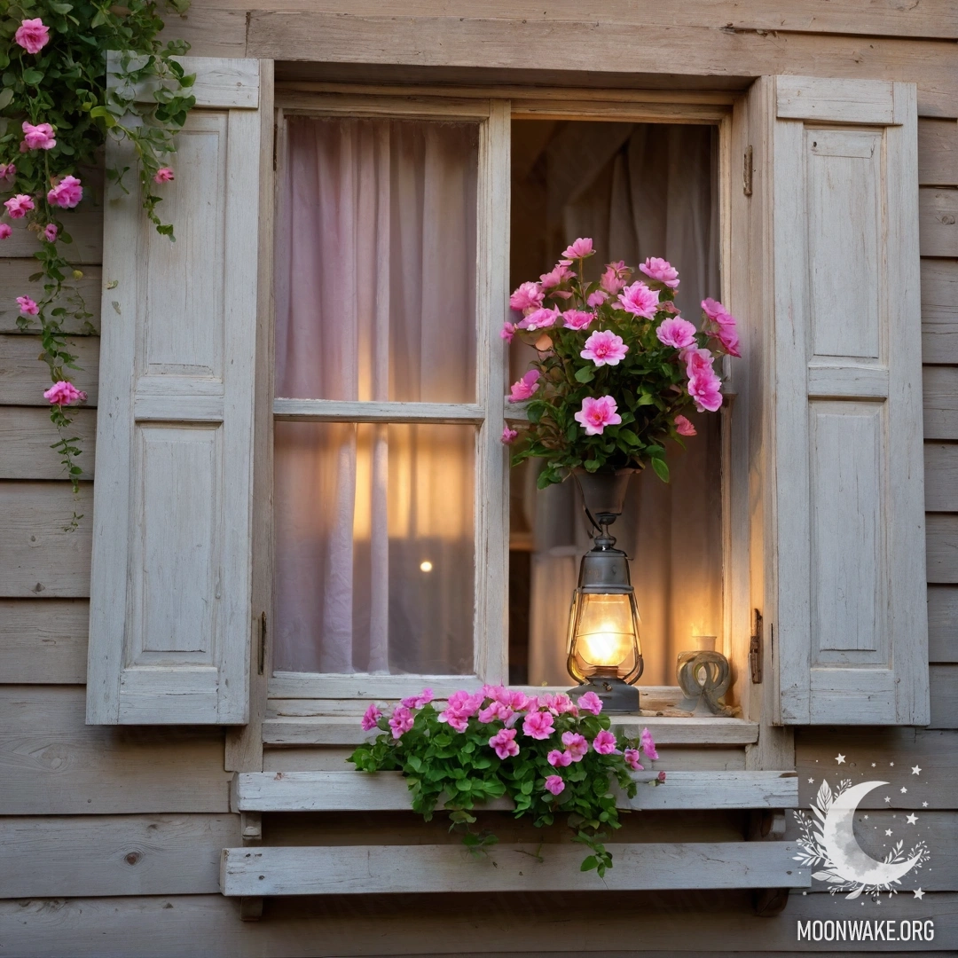 A shabby wooden window with shutters, adorned by a branch of pink flowers, illuminated by a kerosene lamp above, during sunset.