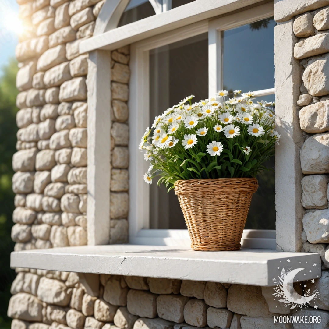 A serene white stone wall with an open window, adorned with a basket of daisies and twinkling lights on the windowsill.