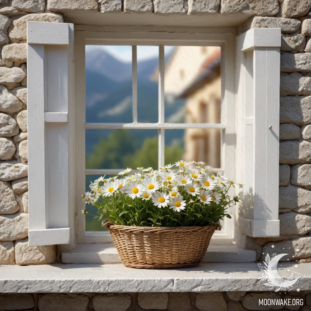 A cozy white stone wall with an open window and a basket of daisies decorated with garland lights.
