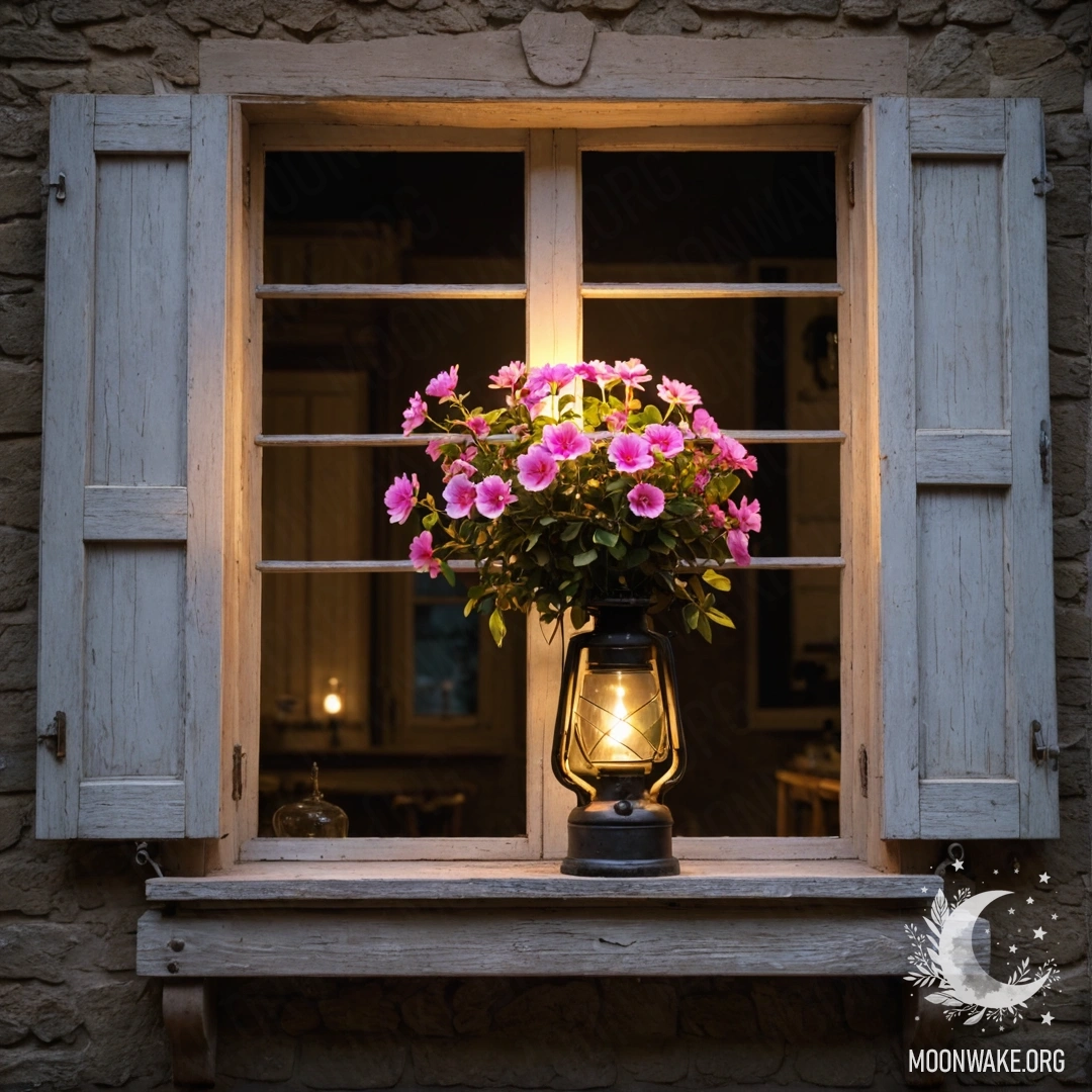 Cozy Window with Kerosene Lamp and Flowers A shabby wooden window with shutters and a kerosene lamp, surrounded by a branch with pink flowers at night.