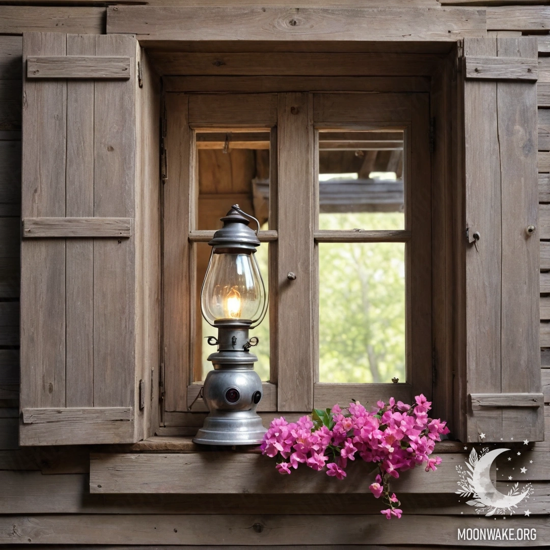 A shabby wooden window with pink flowers and a kerosene lamp.