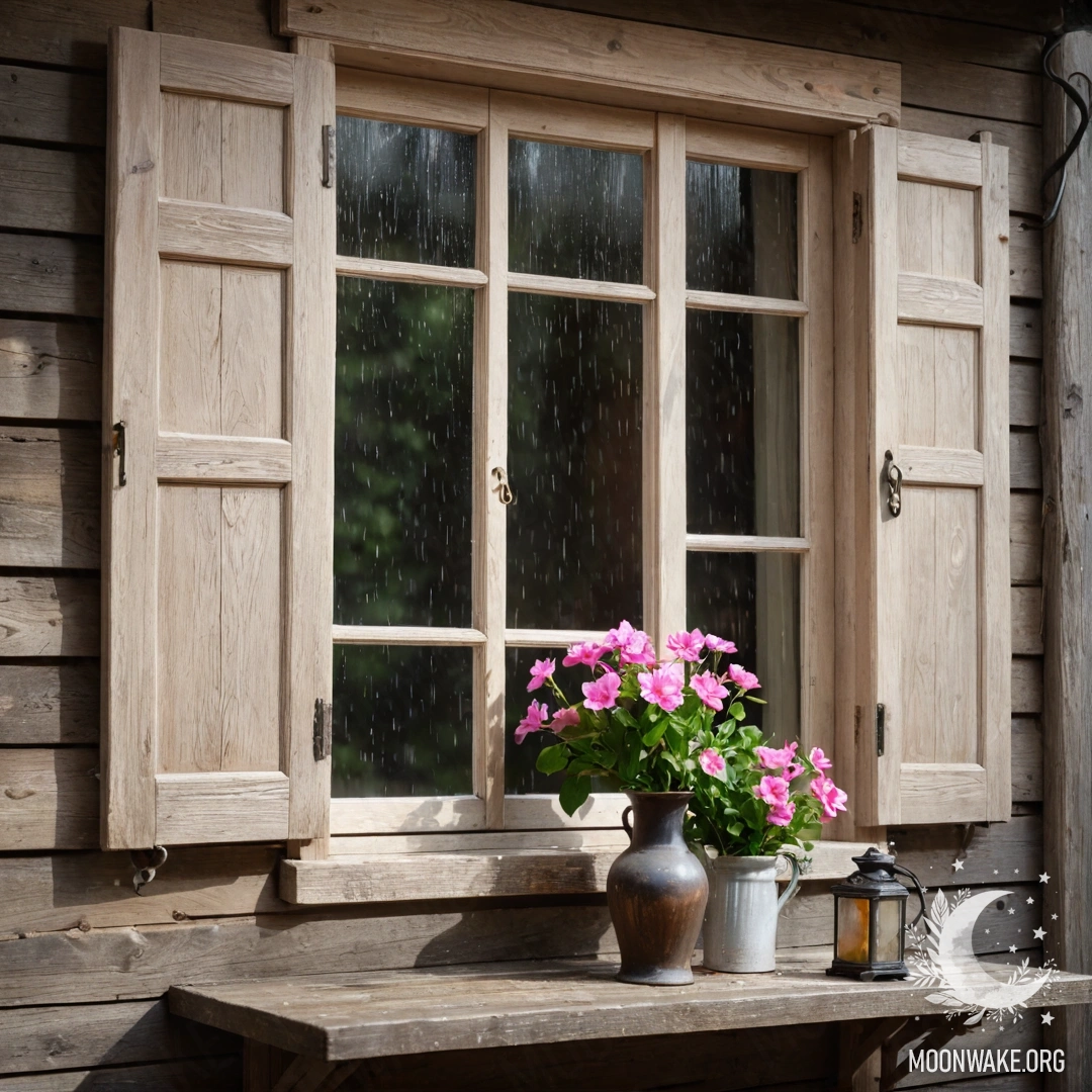 A photorealistic image of a shabby wooden window with pink flowers and a kerosene lamp above it, set against a rain backdrop.