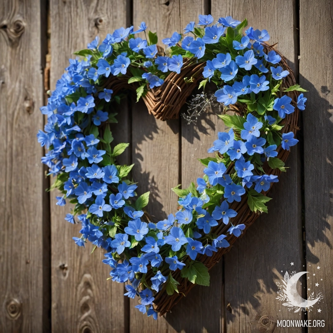 Close-up of an old wooden fence with a heart-shaped blue flower wreath adorned with garland lights.