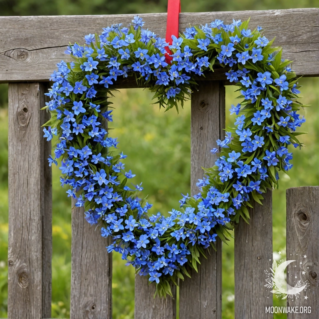Close-up of an old wooden fence with a heart-shaped wreath of blue flowers.