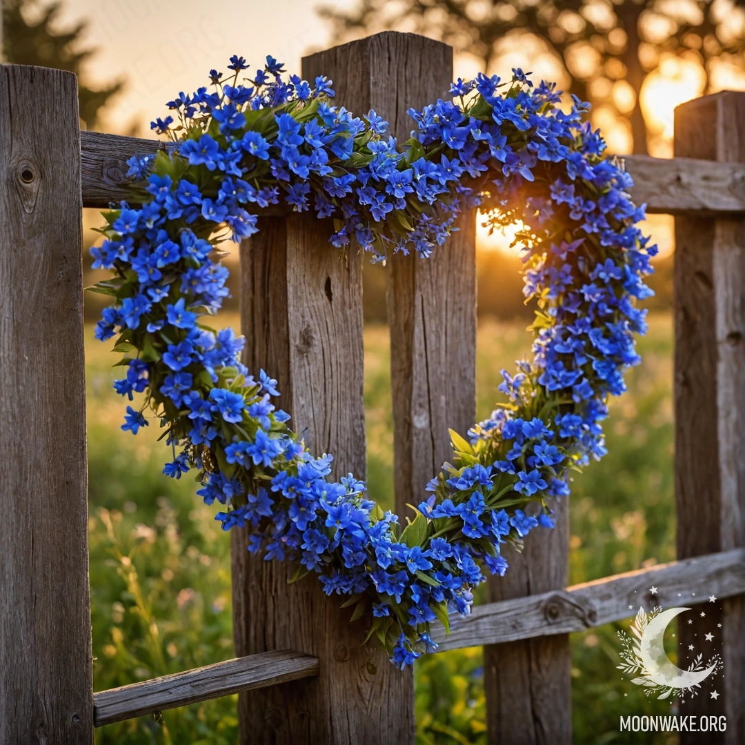 Cozy Wooden Fence with Heart-Shaped Wreath Close-up of an old wooden fence with a heart-shaped wreath of blue flowers during sunset.