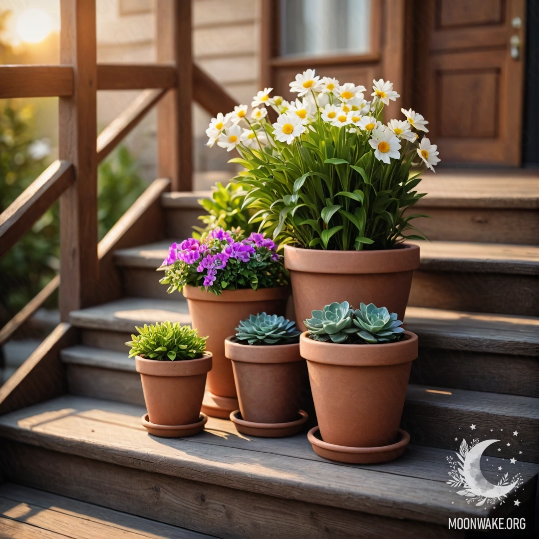 Cozy Wooden Staircase at Sunset Photorealistic image of a cozy wooden staircase adorned with flowerpots at sunset.