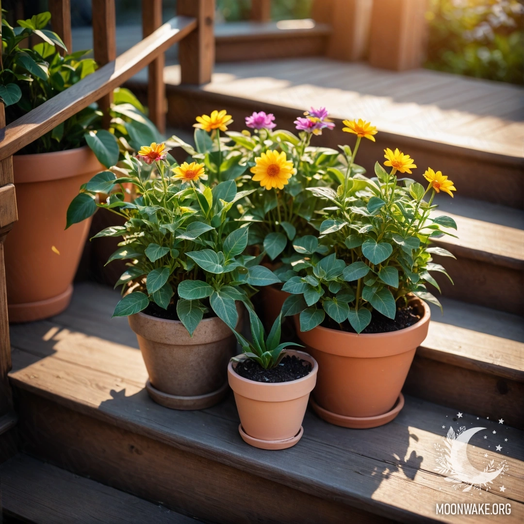 A wooden staircase adorned with flowerpots during a sunset.
