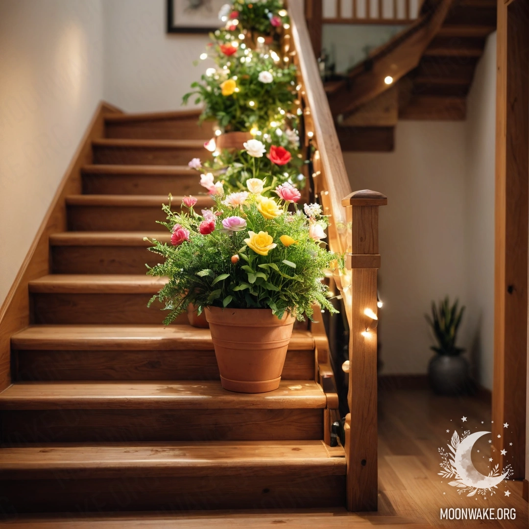 A wooden staircase adorned with flowerpots and a garland of lights.