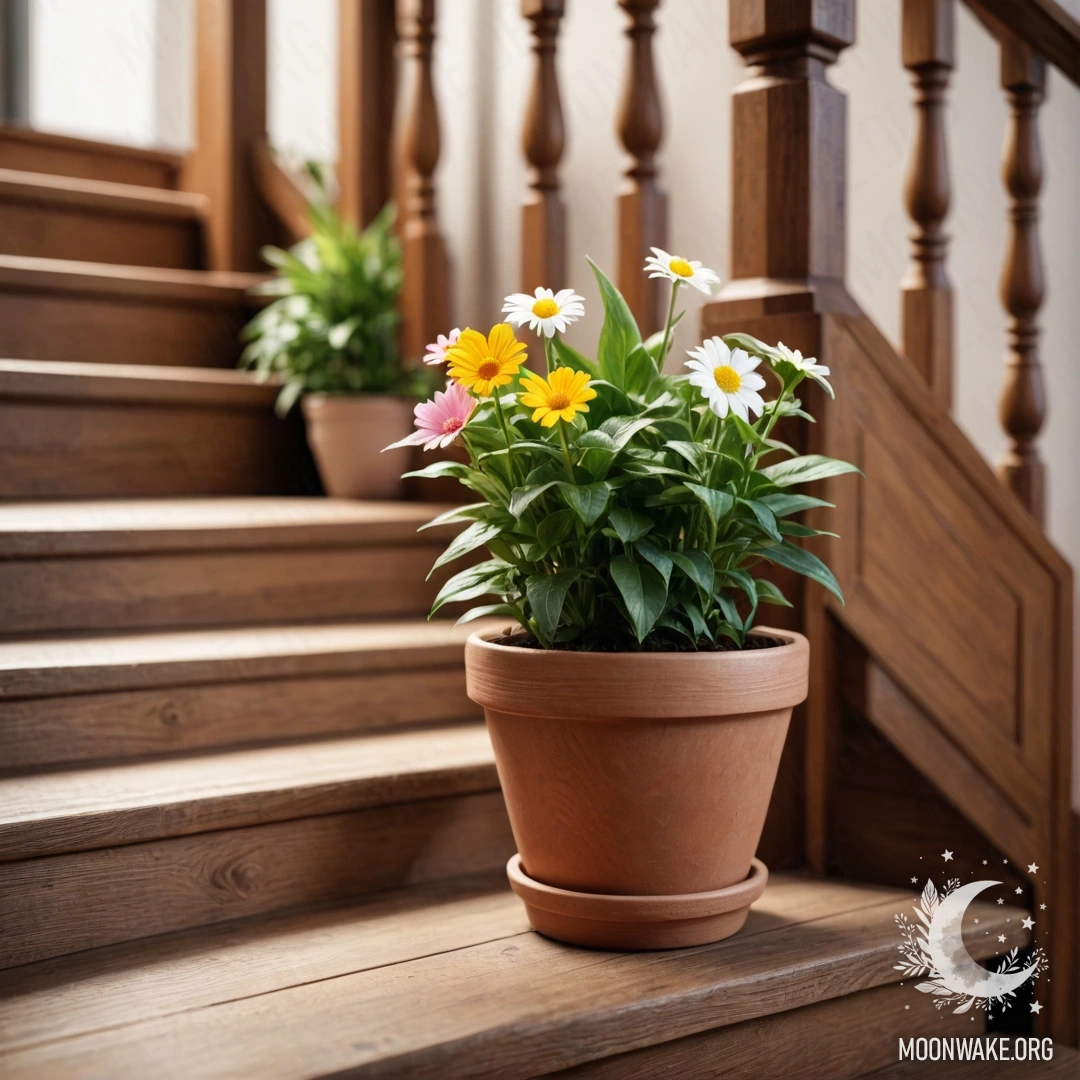 A cozy wooden staircase adorned with flowerpots, creating a warm atmosphere.