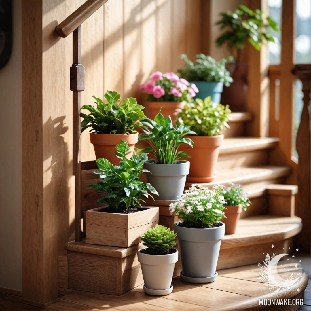 Cozy Wooden Staircase with Flowerpots A cozy wooden staircase adorned with flowerpots, creating a warm atmosphere.