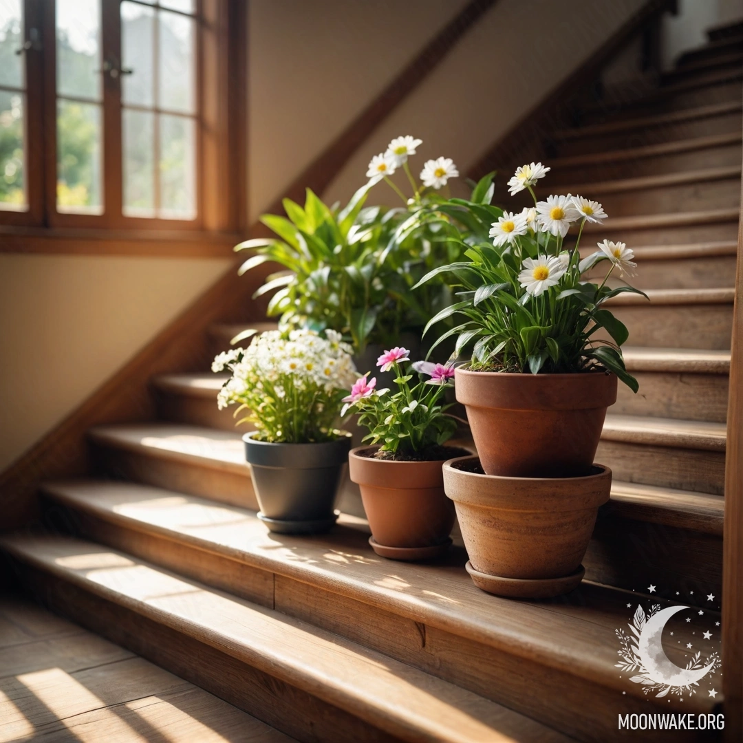 A cozy wooden staircase adorned with vibrant flowerpots basking in sunlight.