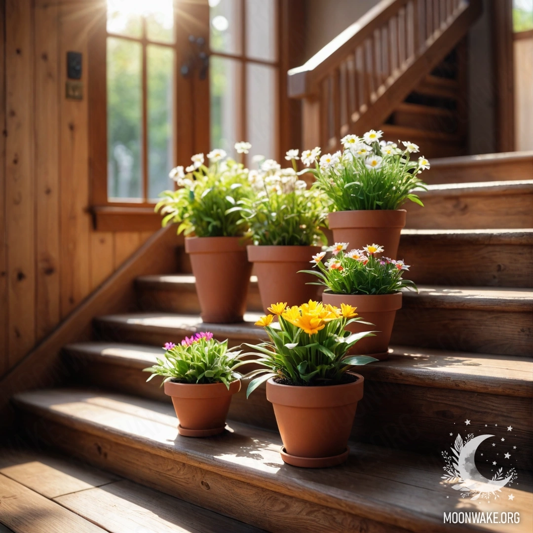 Cozy Wooden Staircase with Flowerpots A wooden staircase adorned with flowerpots illuminated by sunlight.