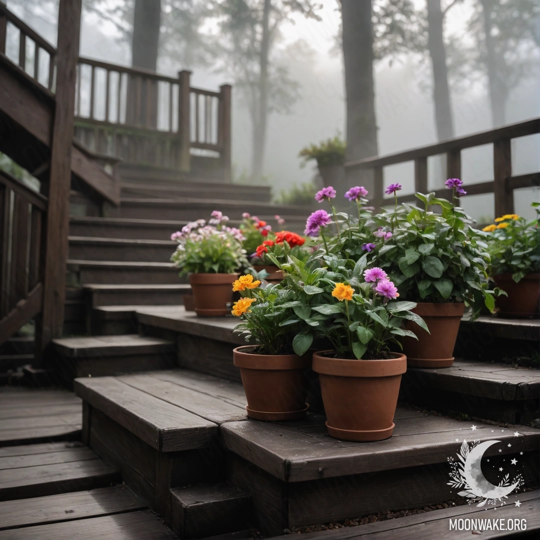 Cozy Wooden Staircase with Flowerpots in Fog A wooden staircase adorned with flowerpots enveloped in dense fog.