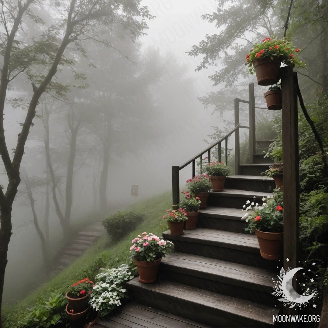 A wooden staircase surrounded by flowerpots in dense fog.