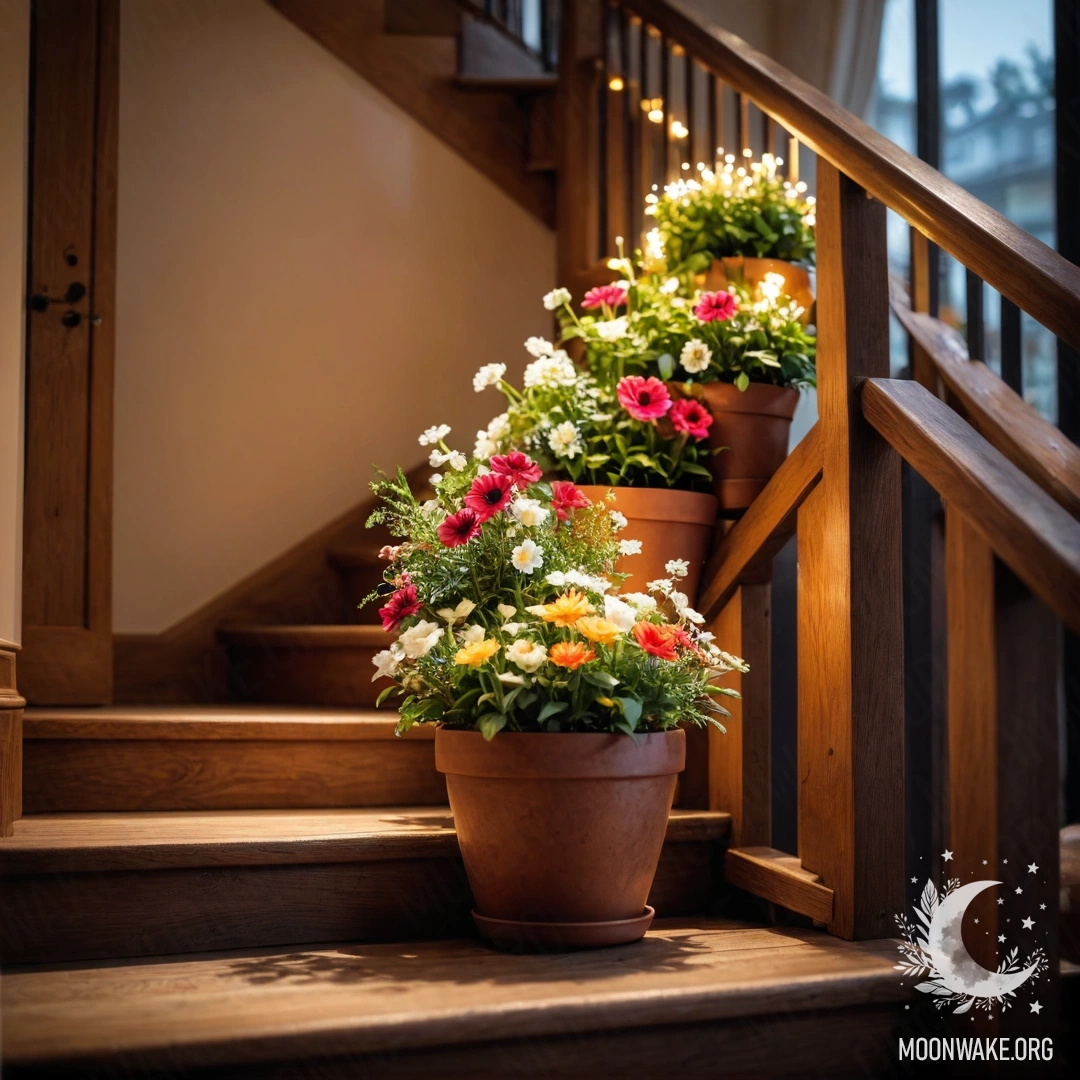 A wooden staircase adorned with flowerpots and twinkling garland lights.
