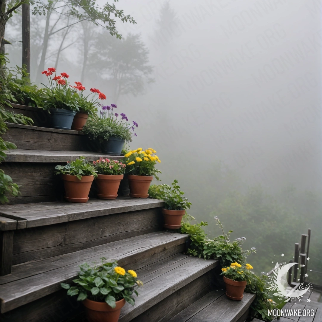 Cozy Wooden Staircase with Flowerpots in Mist A warm wooden staircase adorned with flowerpots, enveloped in dense fog.