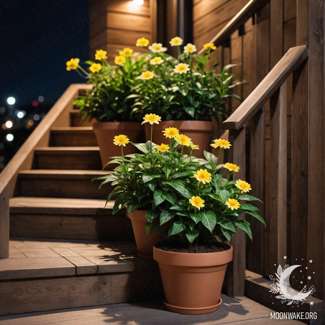 Cozy Night on a Wooden Staircase A cozy wooden staircase adorned with flowerpots at night.