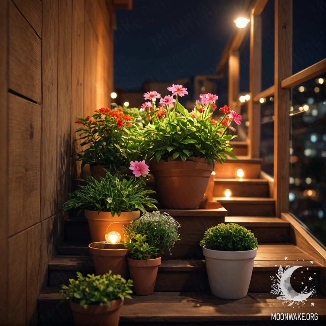 Cozy Nighttime Staircase with Flowerpots A cozy wooden staircase adorned with flowerpots at nighttime.