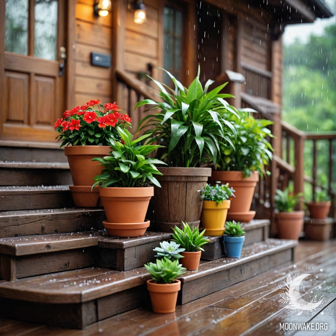 Rainy Day Serenity on the Staircase Cozy wooden staircase with flowerpots under the rain.