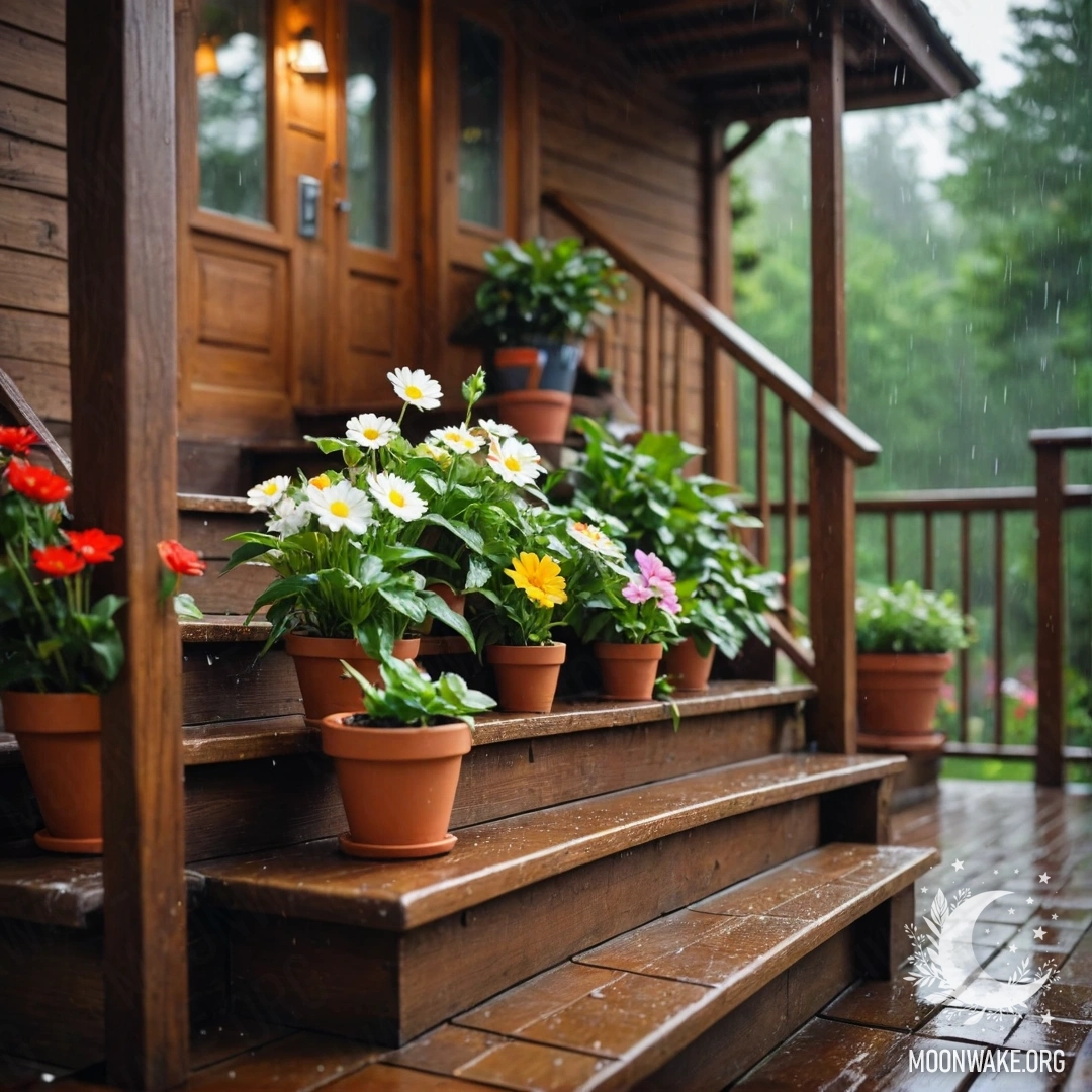 Cozy Wooden Staircase with Flowerpots in the Rain A wooden staircase with flowerpots placed on it, rain falling around.