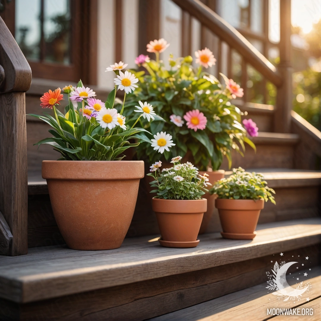 Cozy Wooden Staircase with Flowerpots at Sunset A wooden staircase adorned with flowerpots under a vibrant sunset.