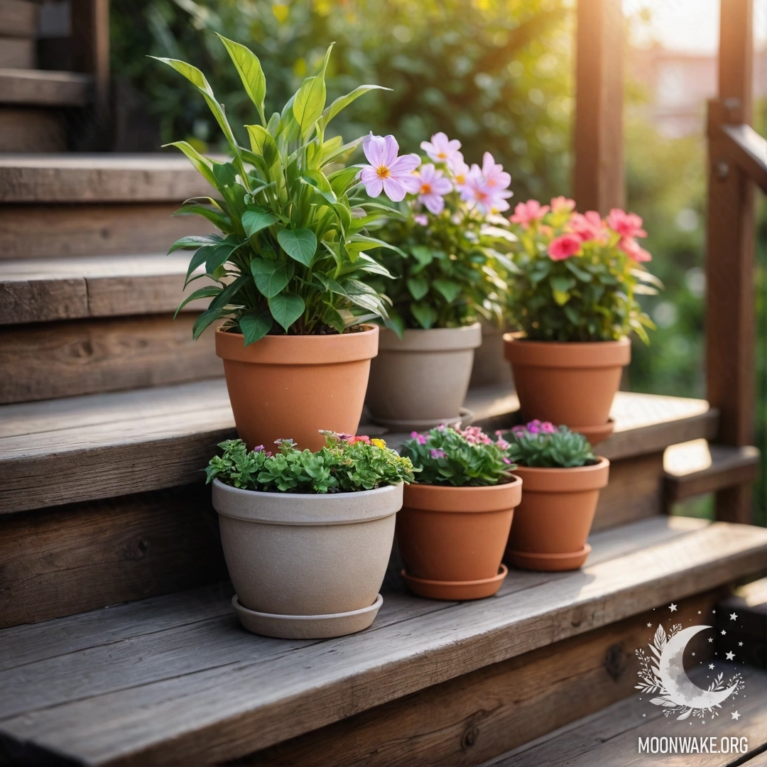 A cozy wooden staircase adorned with flowerpots during sunset.