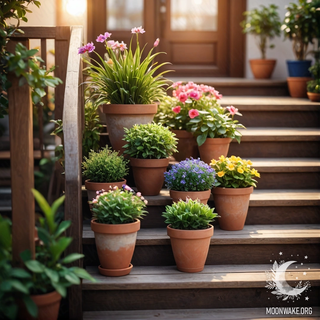 A wooden staircase adorned with flowerpots under a sunset sky.