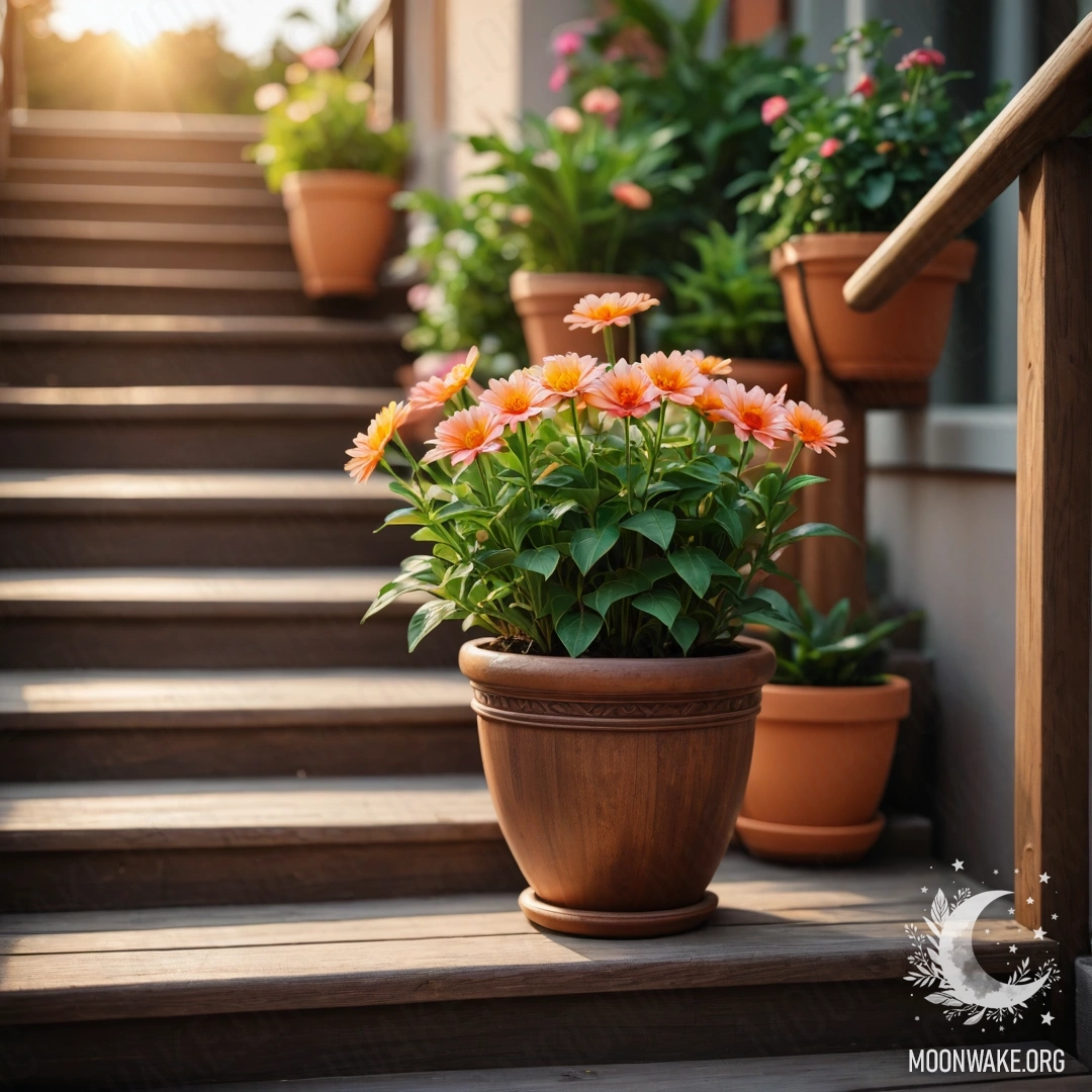 A warm wooden staircase adorned with flowerpots during sunset.