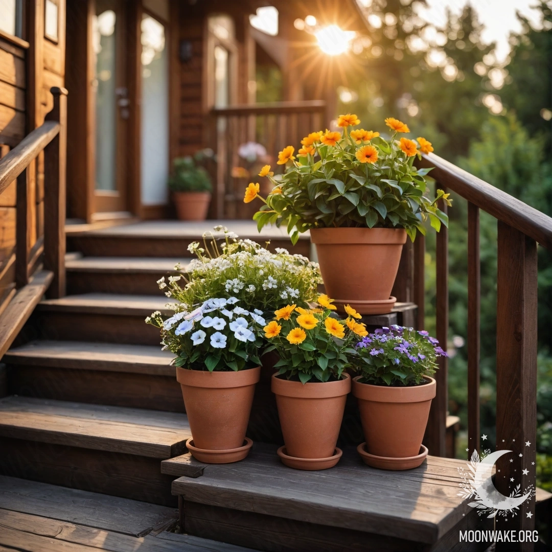 A wooden staircase adorned with flowerpots during a sunset.
