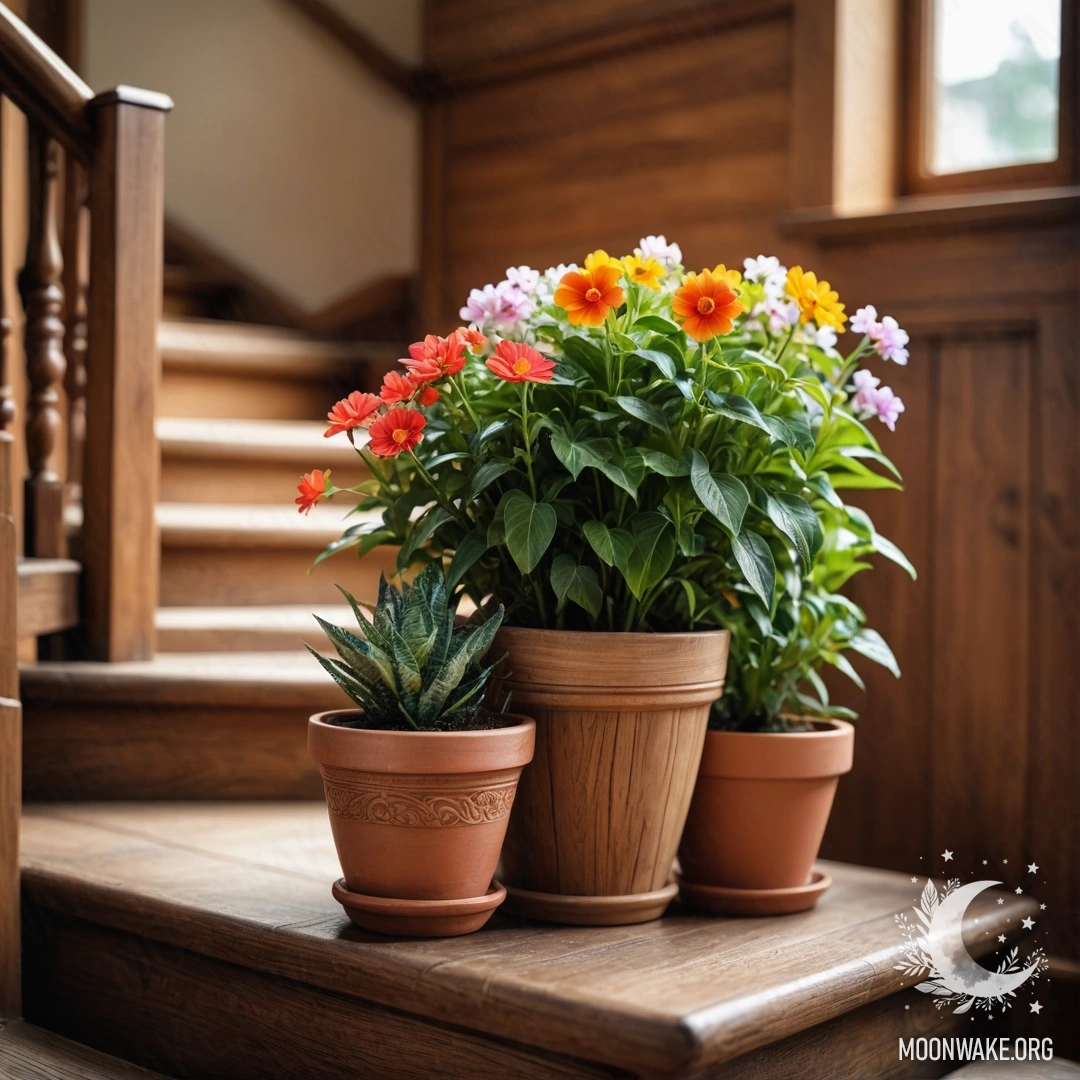 A charming wooden staircase adorned with flowerpots, creating a cozy atmosphere.