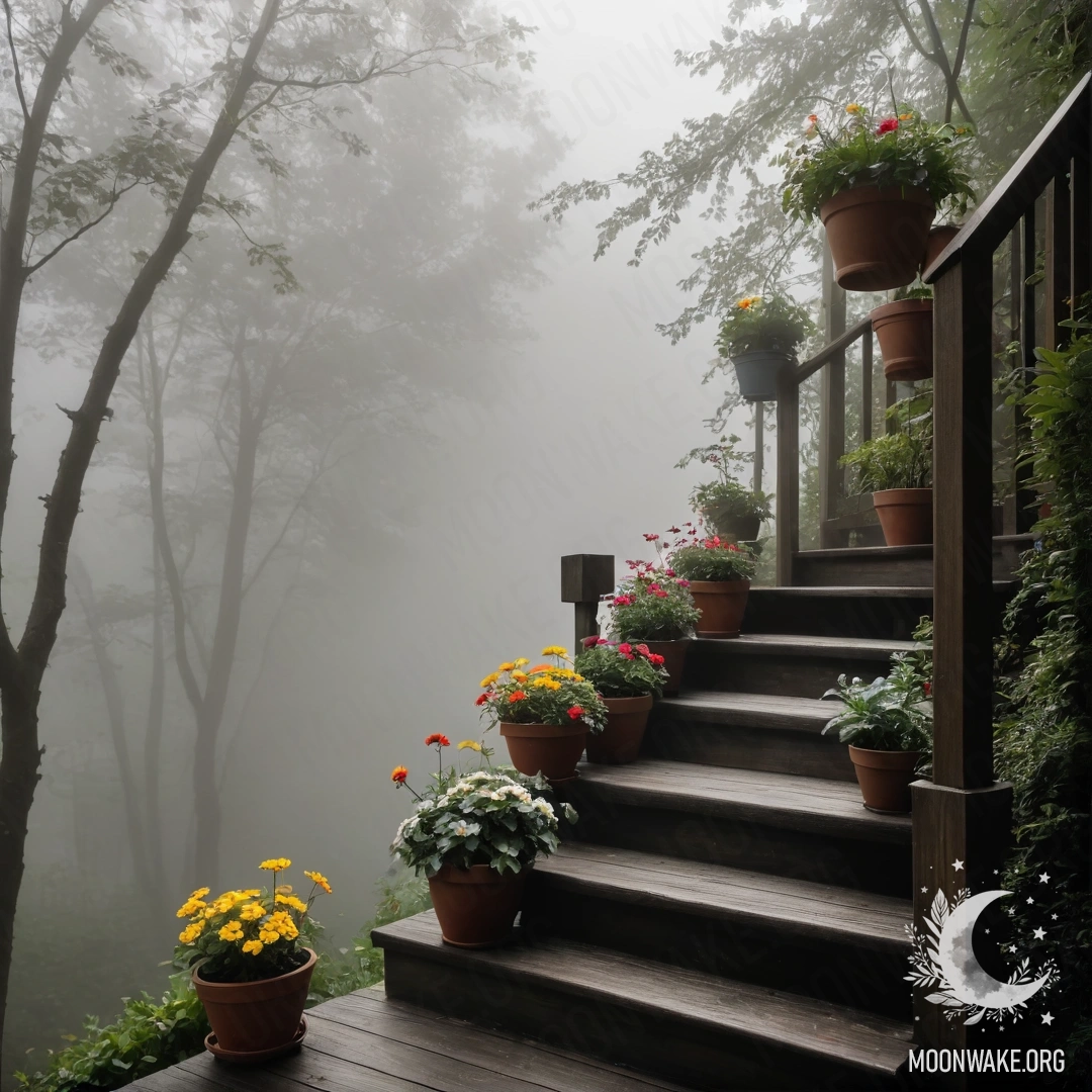 A wooden staircase adorned with flowerpots, enveloped in dense mist.