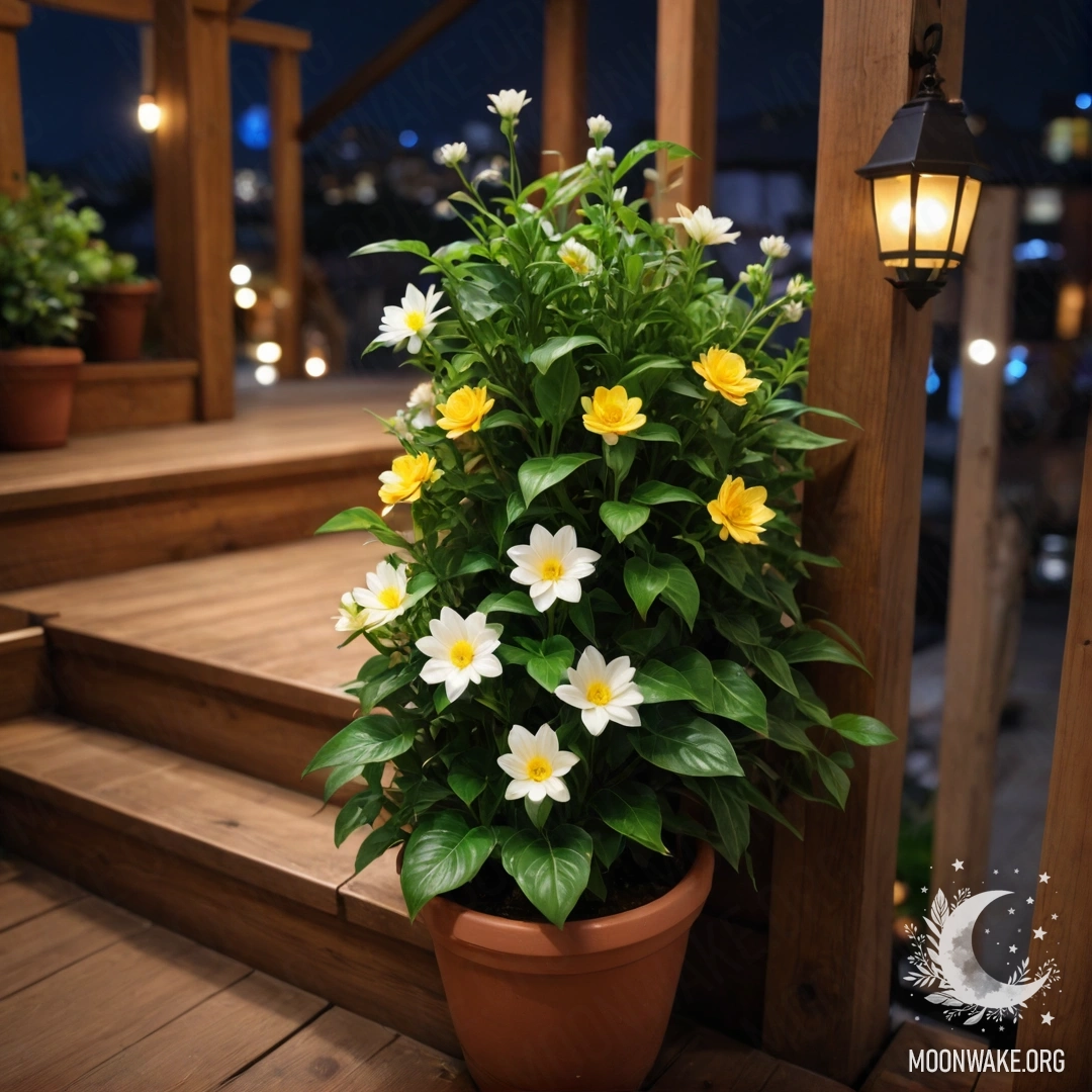 A cozy wooden staircase adorned with flowerpots at night.