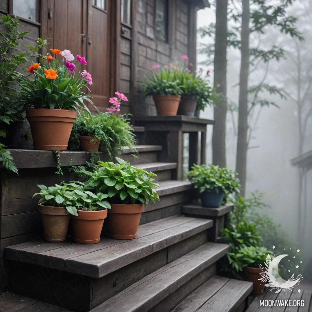 Cozy Wooden Staircase with Flowerpots A wooden staircase adorned with flowerpots, shrouded in heavy fog.