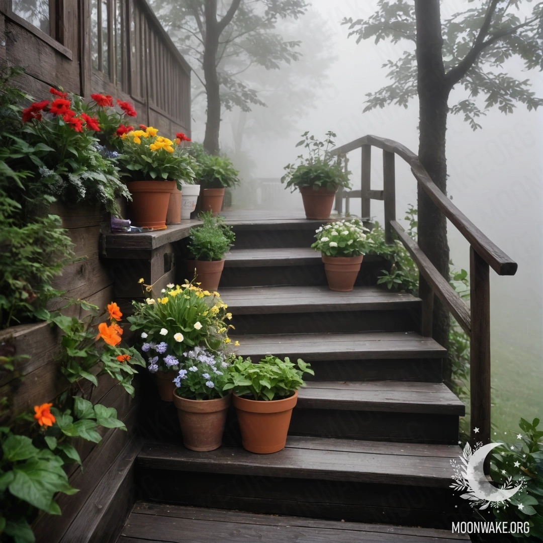 A wooden staircase adorned with flowerpots surrounded by dense fog.