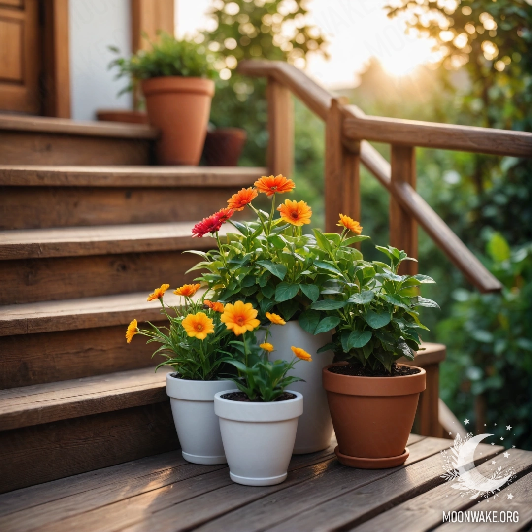 A wooden staircase adorned with flowerpots, illuminated by the sunset.