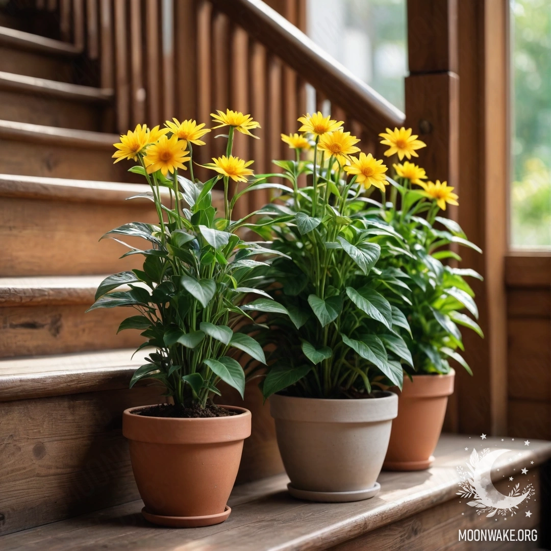 A charming wooden staircase adorned with flowerpots.