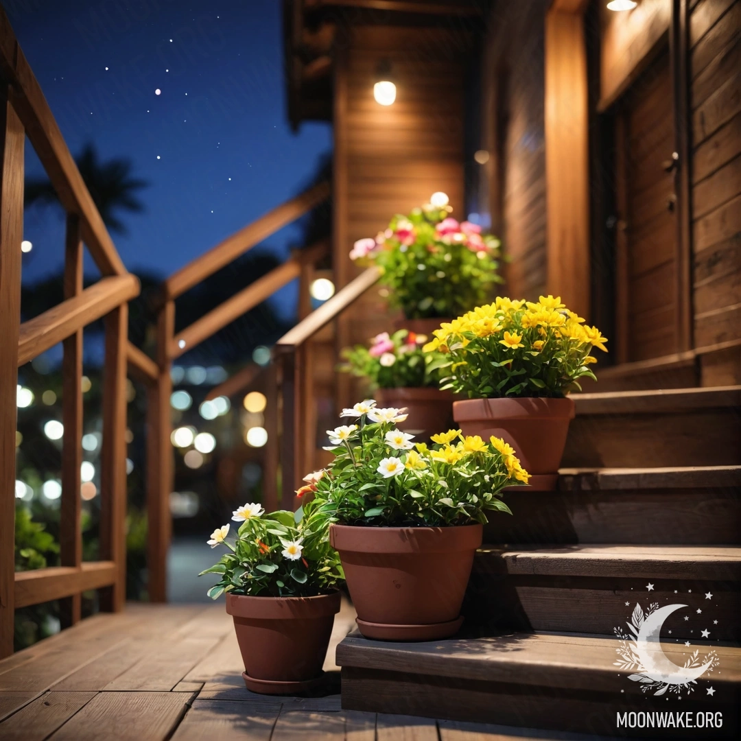 A wooden staircase at night adorned with flowerpots.