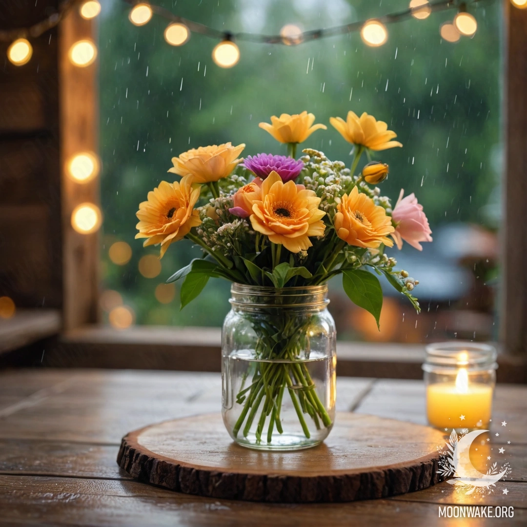Cozy Wooden Table with Flowers A rustic wooden table with a jar of flowers, illuminated by a bokeh light garland in the rain.